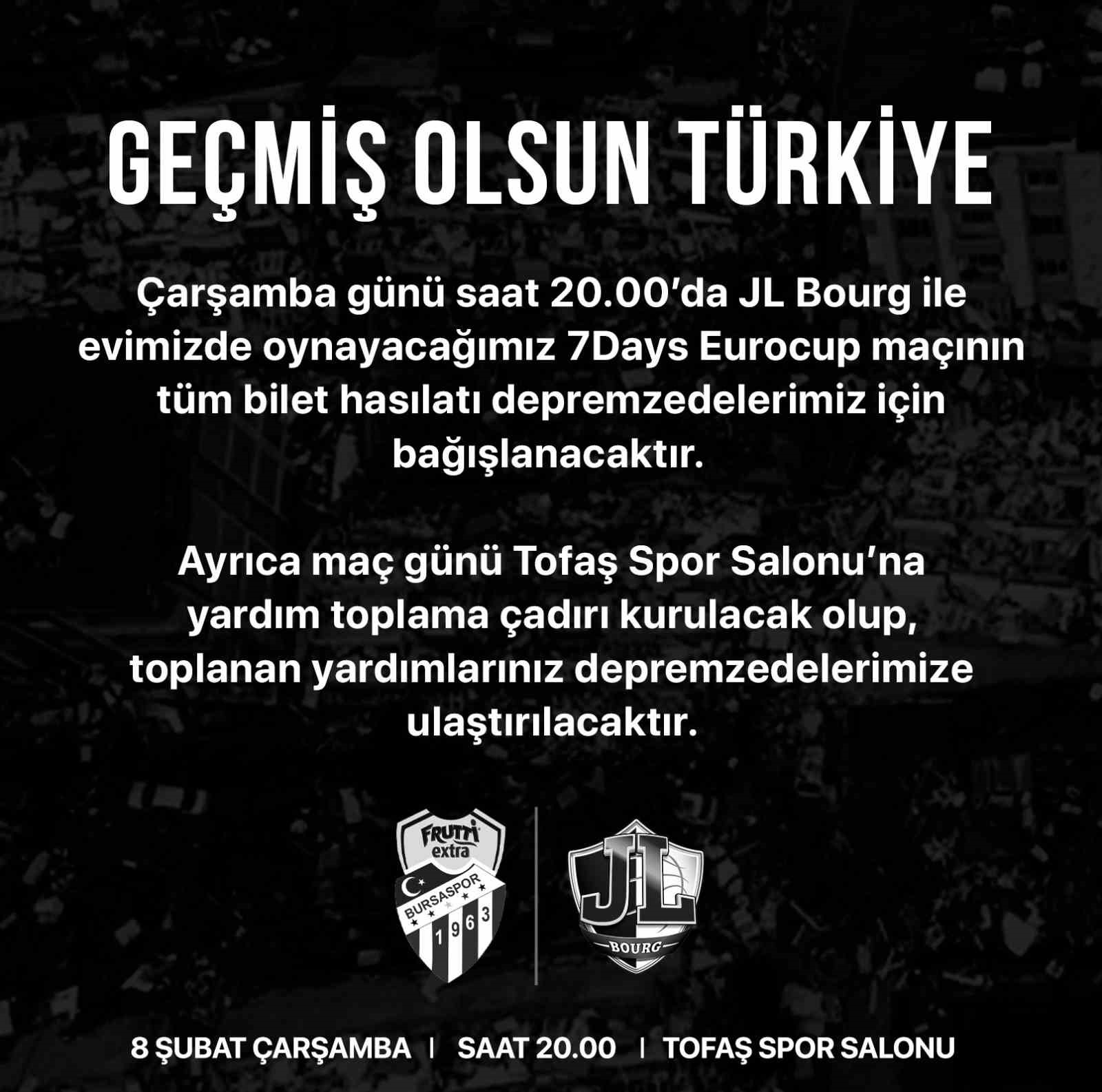 Frutti Extra Bursaspor, Maç Hasılatını Depremzedelere Bağışlayacak